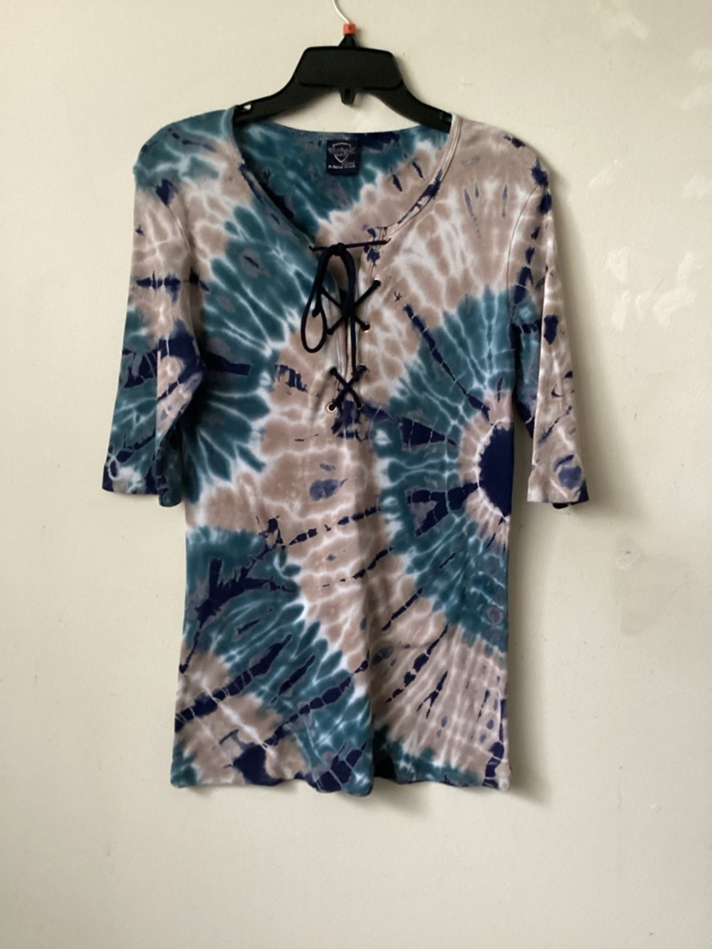 Sledge USA Tie-Dye Lace-Up Scoop Neck Top - Teal & Beige. 100% comb cotton.